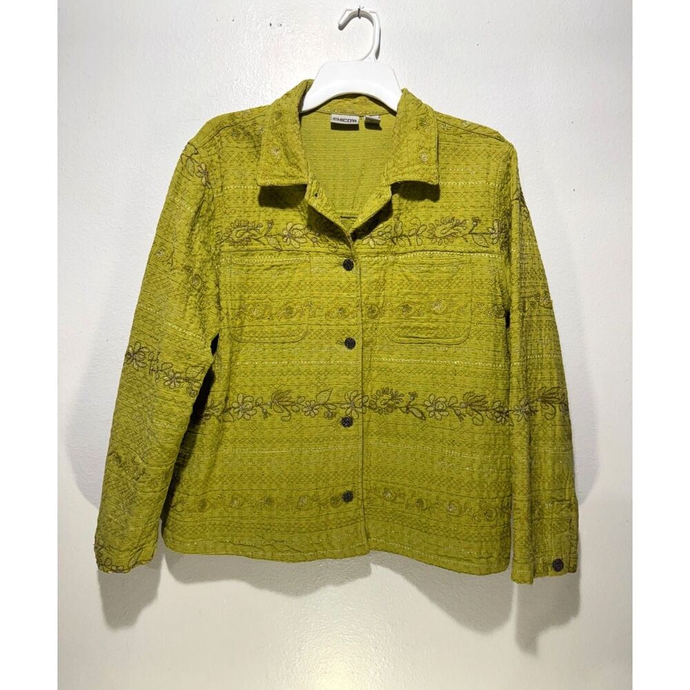 Chico's 100% cotton jacket bohemian cottage embroidered green spring women L